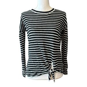 White + Warren 100% Linen Striped Tie Front Lightweight Sweater SZ S Black White